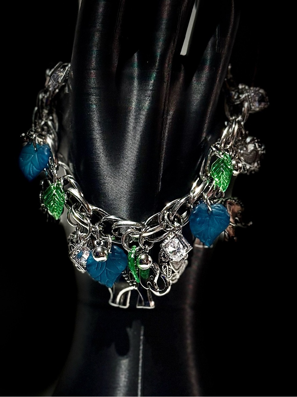 Silver Charm Bracelet with Blue and Green Accents